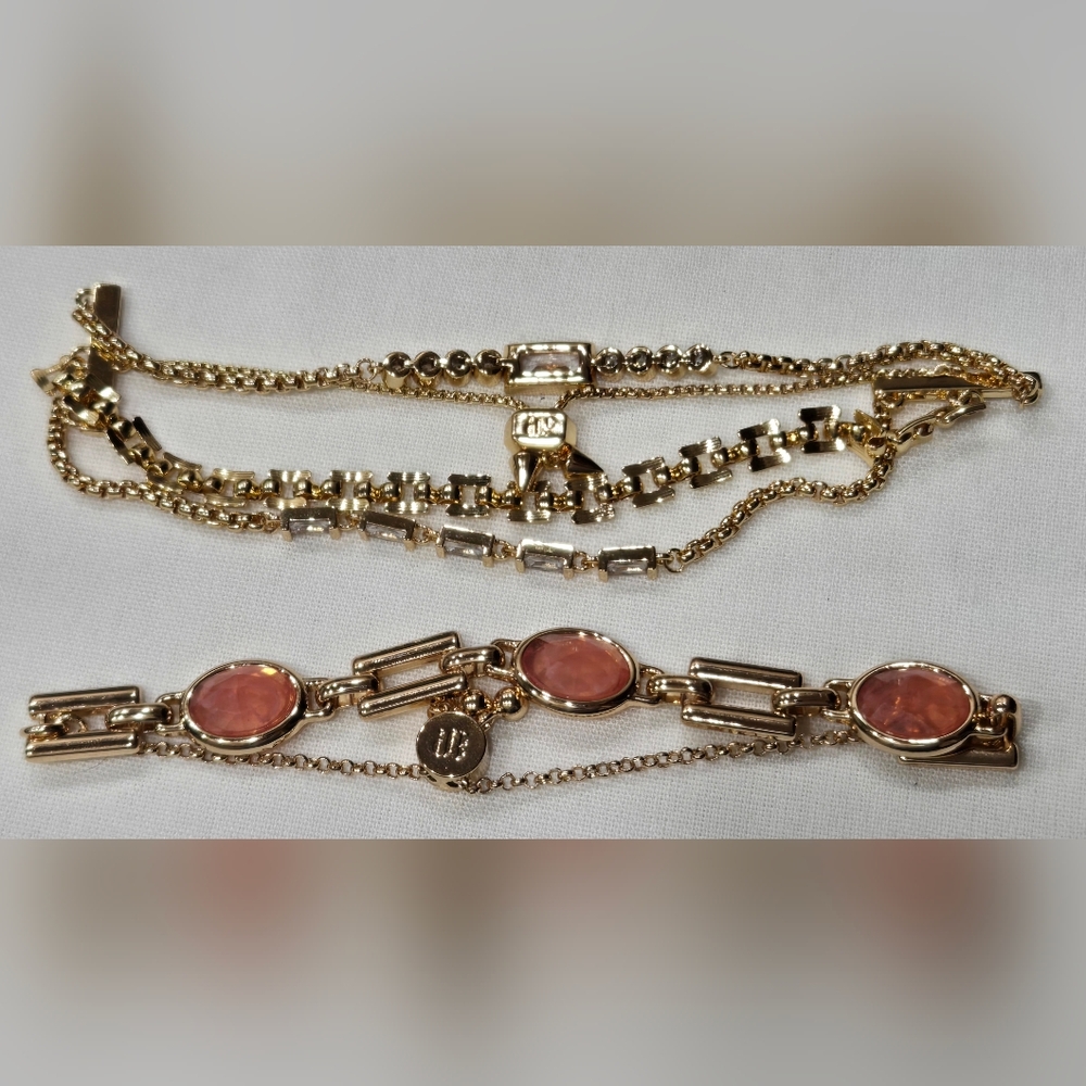 NWOT Bomb Party Lot Of 2 Gold Tone Faceted Gemstone CZ Chain Stack Bracelets